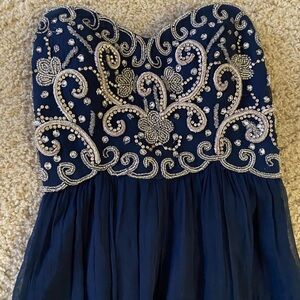 Sean Collection Long Navy Gown with Embroidery, Strapless Size 4 Formal Dress